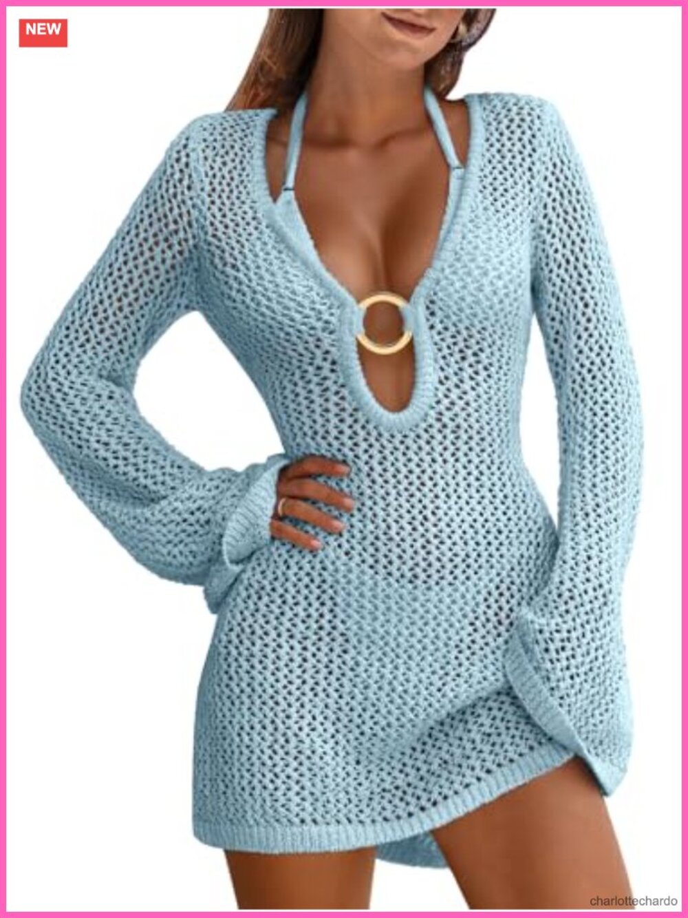 Knit Crochet Mesh Swim Cover Up Dress Long Sleeve V-Neck Beach Swimsuit